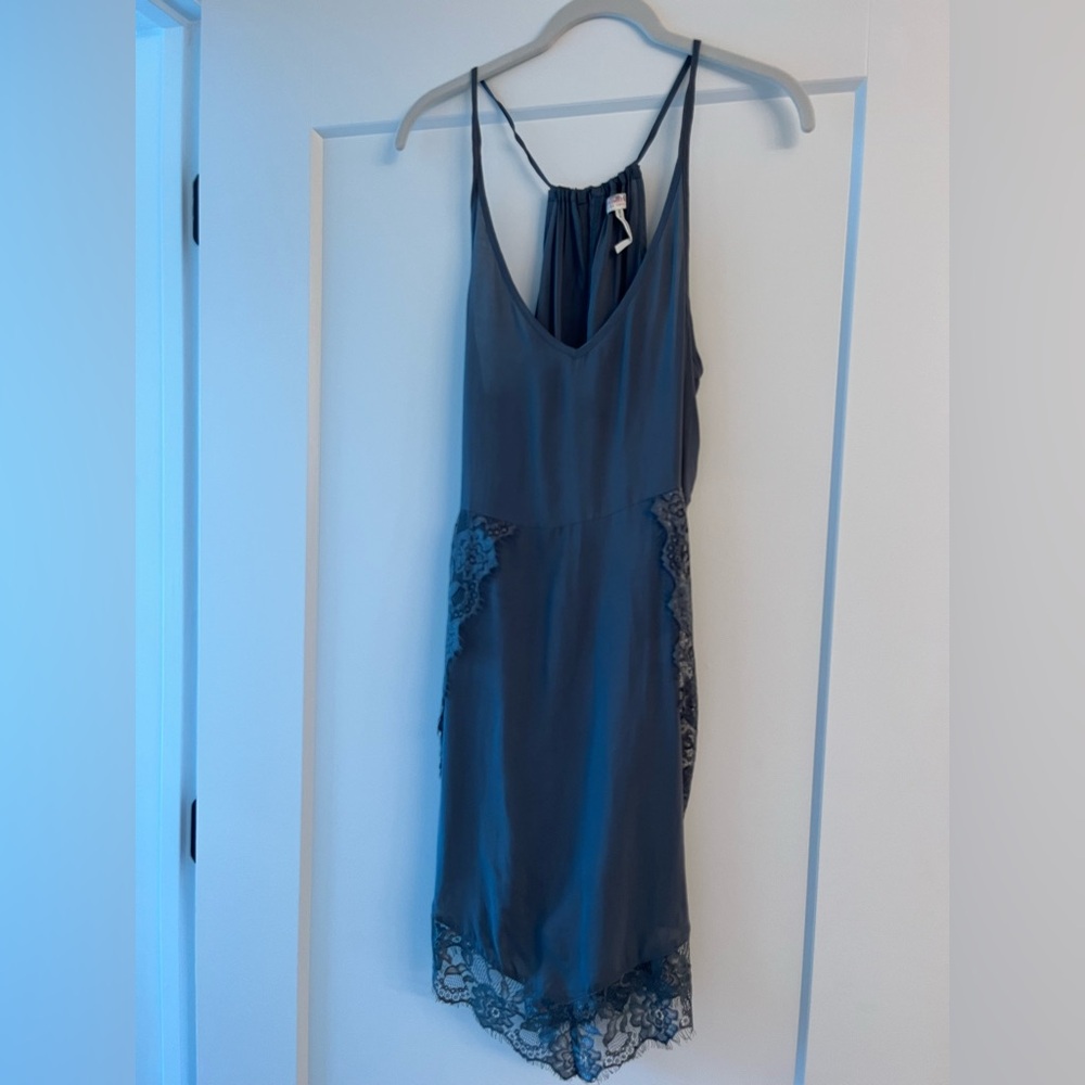 Elegant Free People Blue Grey Slip Dress with Lace Accents